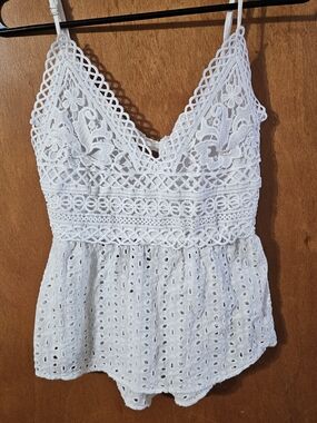White Lace Crochet Eyelet Peplum Cami Top